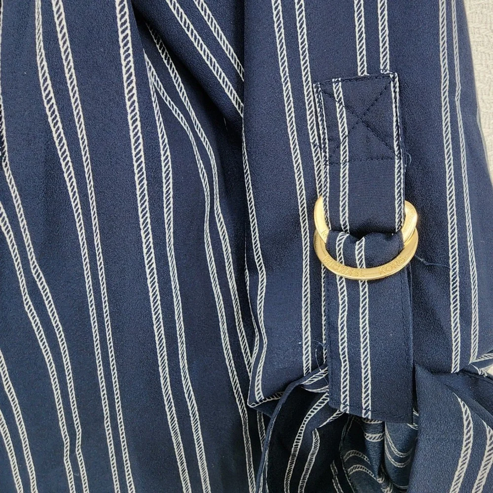 Michael Kors Small Navy Blue Rope Stripe Quarter Zip Roll Tab Sleeve Blouse Top